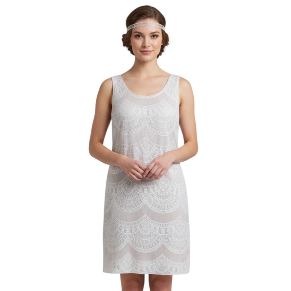 VTG Damianou Cocktail Dress SILVER CROCHET KNIT LACE Shift Gatsby Flapper SZ S